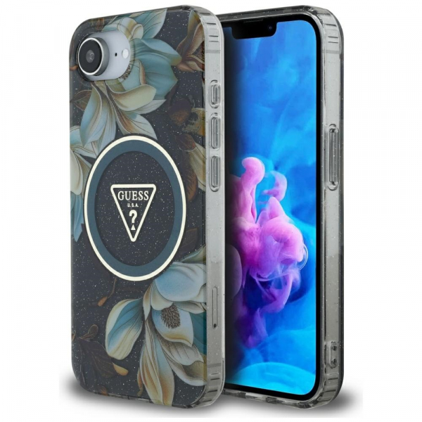 Husa MagSafe pentru Apple iPhone 17e / 16e, Guess, IML Metal Glitter Flowers Triangle, Neagra