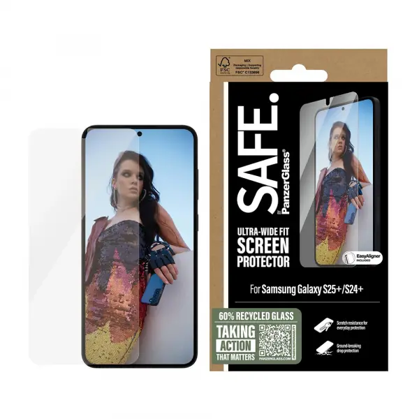 Folie de protectie Ecran PanzerGlass Safe. Ultra-Wide Fit EasyAligner pentru Samsung Galaxy S25+ S936 / S24+ S926, Sticla Securizata, Full Glue
