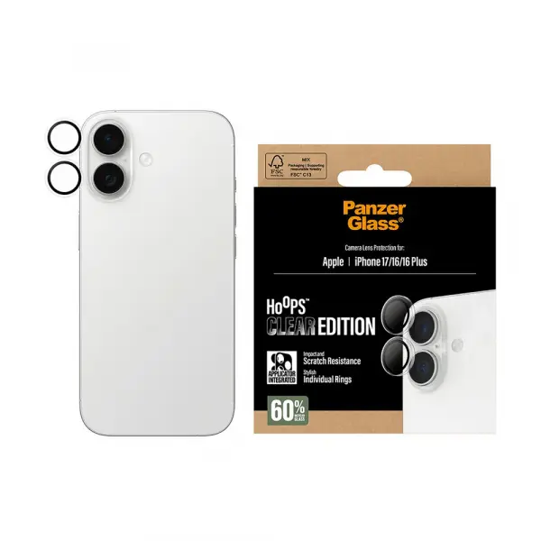 Folie de protectie Camera Spate PanzerGlass Hoops pentru Apple iPhone 17 / 16 Plus / 16, Sticla Securizata, Transparenta