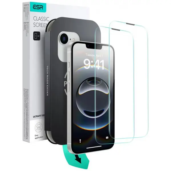 Folie de protectie Ecran ESR Ultrafit pentru Apple iPhone 17e / 16e / 14 / 13 Pro, Sticla Securizata, Full Glue, Set 2 bucati