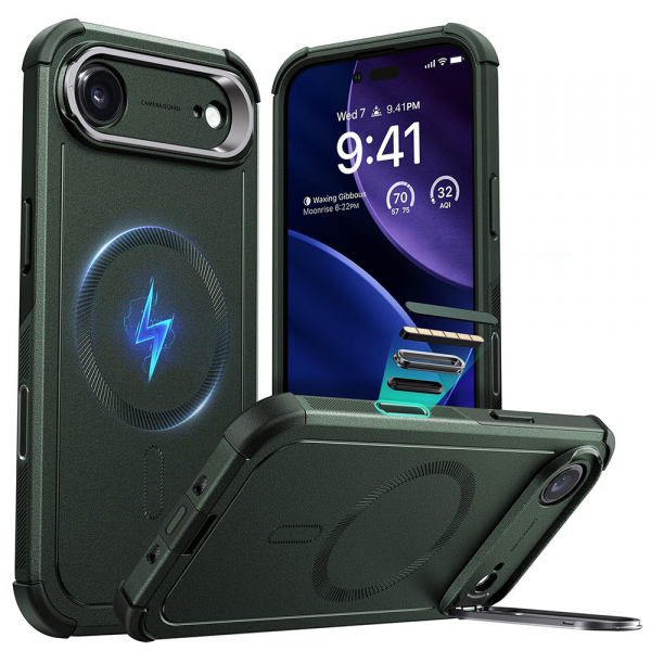 Husa MagSafe pentru Apple iPhone 17 Air, ESR, Cyber Armor Kickstand, Verde