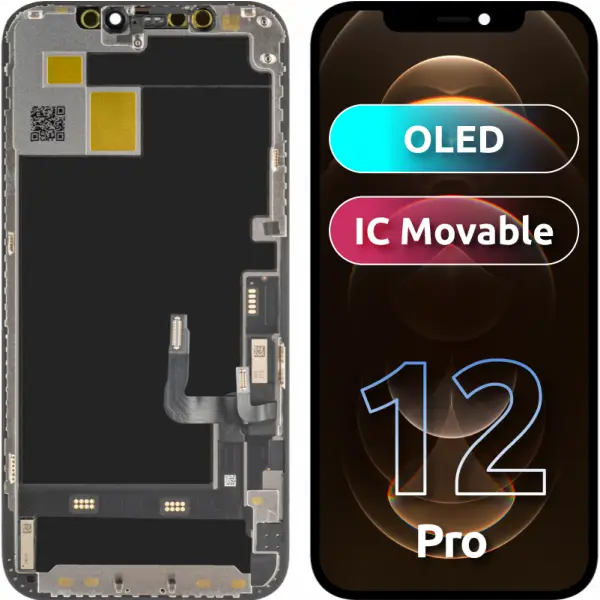 Display cu Touchscreen JK pentru Apple iPhone 12 / 12 Pro, cu Rama, Versiune OLED IC Movable, Negru