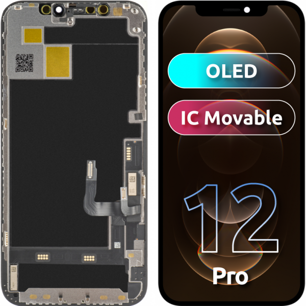 Display cu Touchscreen JK pentru Apple iPhone 12 / 12 Pro, cu Rama, Versiune OLED IC Movable, Negru