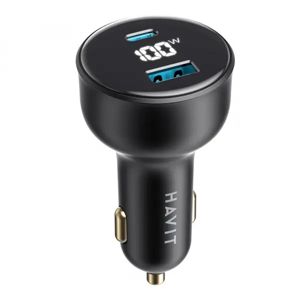 Incarcator Auto HAVIT CC100W Display, 100W, 5A, 1 x USB-A - 1 x USB-C, Negru