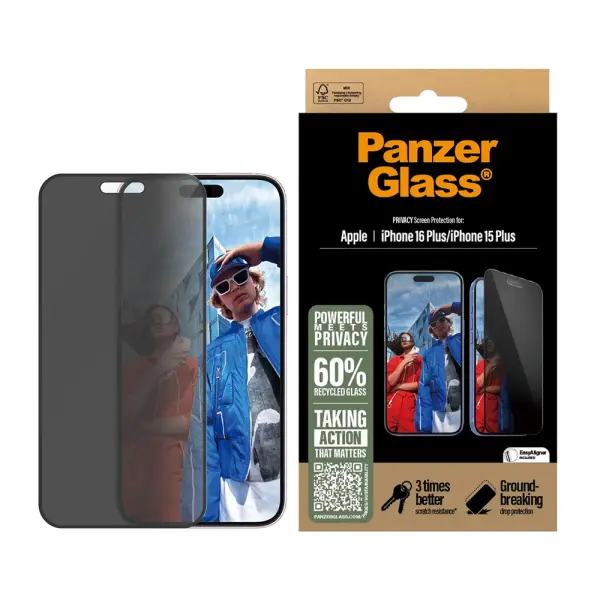 Folie de protectie Ecran Privacy PanzerGlass Ultra-Wide Fit EasyAligner pentru Apple iPhone 16 Plus / 15 Plus, Sticla Securizata, Full Glue
