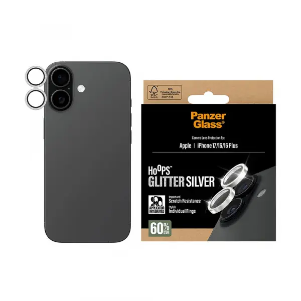 Folie de protectie Camera Spate PanzerGlass Hoops Glitter pentru Apple iPhone 17 / 16 Plus / 16, Sticla Securizata, Argintie