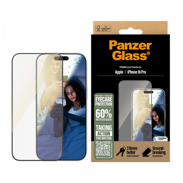 Folie de protectie Ecran PanzerGlass Ultra-Wide Fit EyeCare pentru Apple iPhone 16 Pro, Sticla Securizata, Full Glue, Neagra