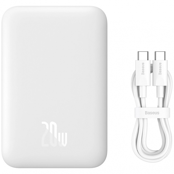Baterie Externa Wireless Baseus Magnetic Mini, 6000mAh, 20W, PD + FQI, 1 x QI - 1 x USB-C, Alba  P10059002223-00
