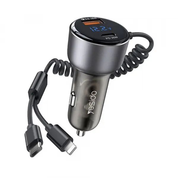 Incarcator Auto Cu Cablu USB-C / Lightning Yesido Y58 Display, 60W, 3A, 1 x USB-A - 1 x USB-C, Gri