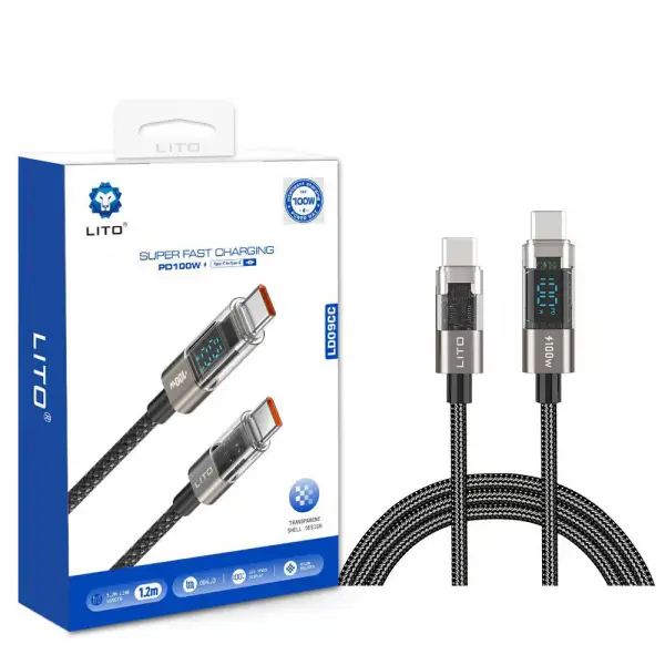 Cablu Date si Incarcare USB-C - USB-C Lito LD09CC Display, 100W, 1.2m, Negru