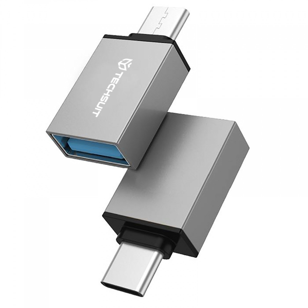 Adaptor OTG microUSB / USB-C - USB-A Techsuit A13 DuoVoltX, Gri, Set 2 bucati
