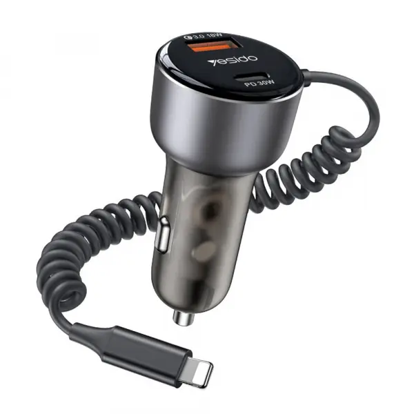 Incarcator Auto Cu Fir Lightning Yesido Y57, 50W, 3A, 1 x USB-A - 1 x USB-C, Negru