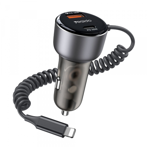 Incarcator Auto Cu Fir Lightning Yesido Y57, 50W, 3A, 1 x USB-A - 1 x USB-C, Negru