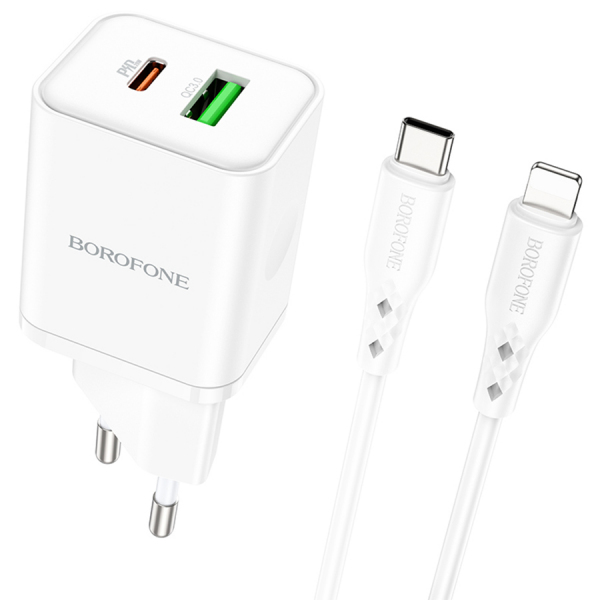 Incarcator Retea Cu Cablu Lightning Borofone BN7, 20W, 3A, 1 x USB-A - 1 x USB-C, Alb