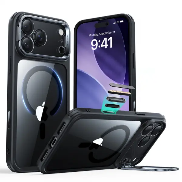 Husa MagSafe pentru Apple iPhone 17 Pro, ESR, Classic Hybrid Kickstand, Neagra Transparenta