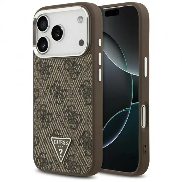 Husa MagSafe pentru Apple iPhone 17 Pro, Guess, 4G Triangle Logo, Maro Argintie