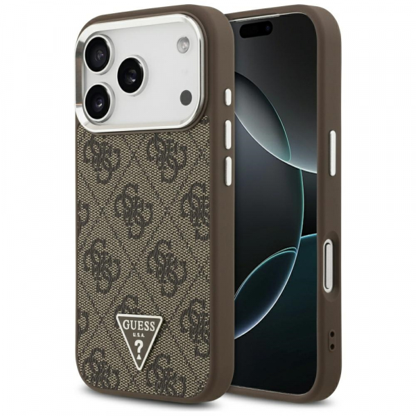 Husa MagSafe pentru Apple iPhone 17 Pro, Guess, 4G Triangle Logo, Maro Argintie
