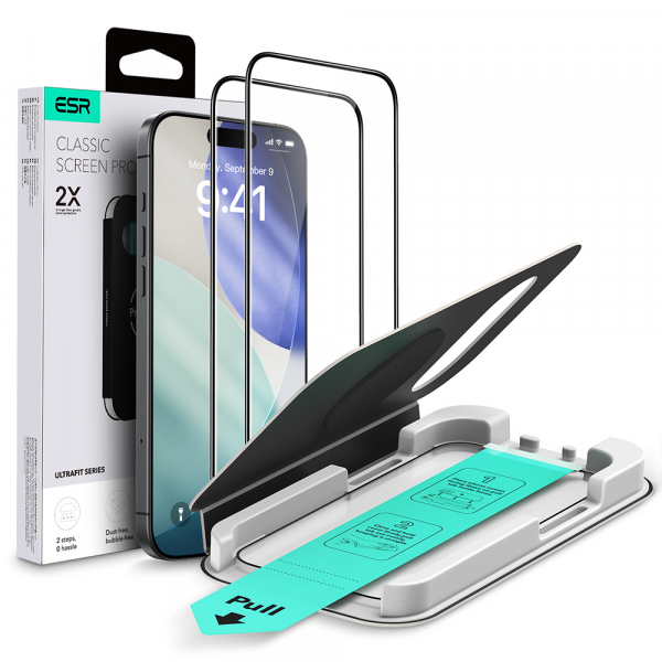 Folie de protectie Ecran ESR UltraFit pentru Apple iPhone 17 / 16 Pro, Sticla Securizata, Full Glue, Set 2 bucati, Neagra