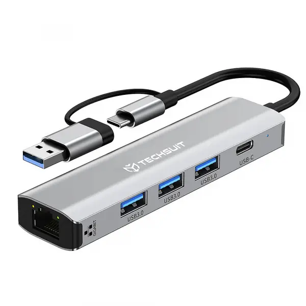 Hub USB / USB-C Techsuit H3 BoostNetLink, 5in1, Gri