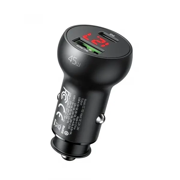 Incarcator Auto McDodo CC-7030 Display, 45W, 5A, 1 x USB-A - 1 x USB-C, Negru