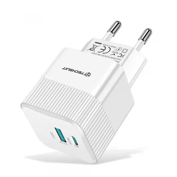 Incarcator Retea Techsuit CHPD216 Tiny, 25W, 3A, 1 x USB-A - 1 x USB-C, Alb