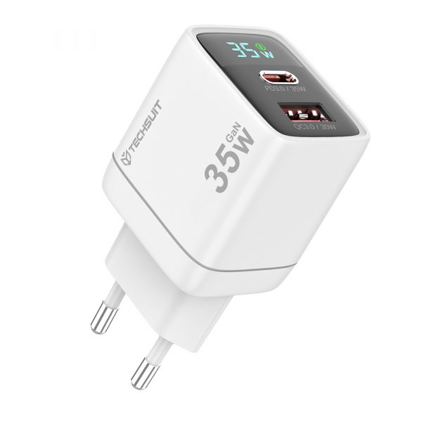 Incarcator Retea Techsuit CH3 LEDChargX Display, 35W, 3A, 1 x USB-A - 1 x USB-C, Alb