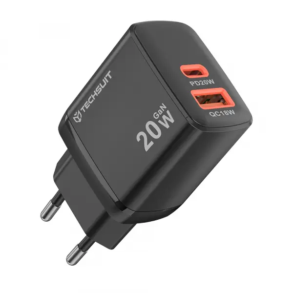 Incarcator Retea Techsuit CH2 Duonix, 20W, 3A, 1 x USB-A - 1 x USB-C, Negru