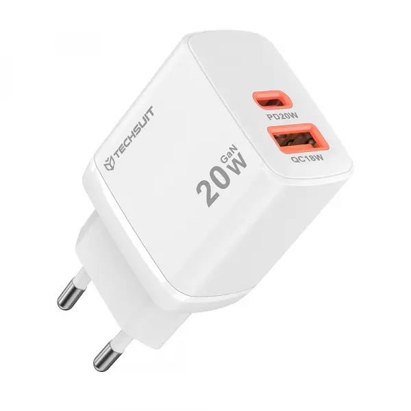 Incarcator Retea Techsuit CH2 Duonix, 20W, 3A, 1 x USB-A - 1 x USB-C, Alb