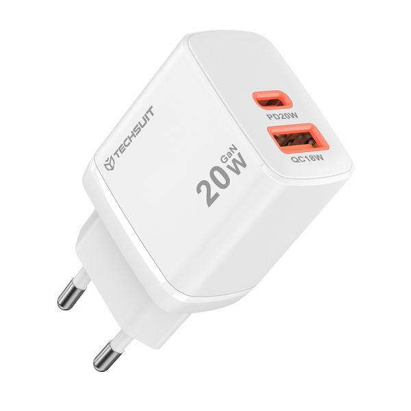 Incarcator Retea Techsuit CH2 Duonix, 20W, 3A, 1 x USB-A - 1 x USB-C, Alb