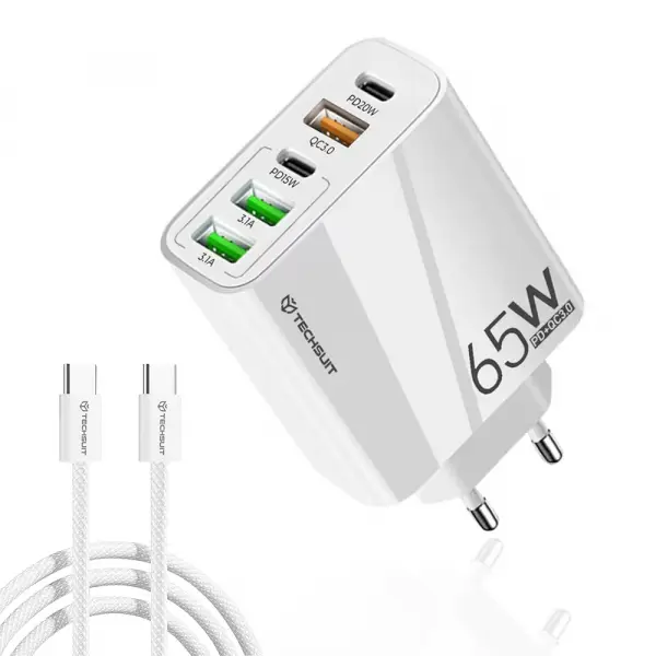 Incarcator Retea Cu Cablu USB-C Techsuit CHC2 PentaXPower, 20W, 3A, 3 x USB-A - 2 x USB-C, Alb