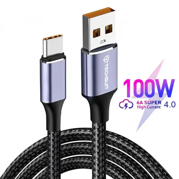 Cablu Date si Incarcare USB-A - USB-C Techsuit PCB018, 100W, 1m, Negru