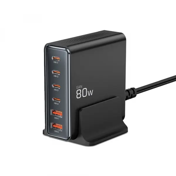 Incarcator Statie Tech-Protect DC80W, 80W, 3A, 2 x USB-A - 4 x USB-C, Negru