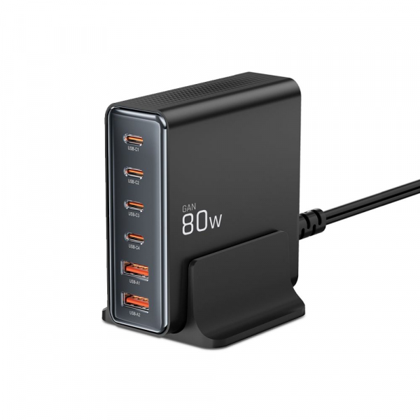Incarcator Statie Tech-Protect DC80W, 80W, 3A, 2 x USB-A - 4 x USB-C, Negru