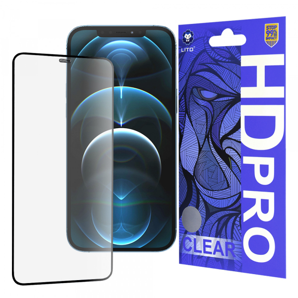Folie de protectie Ecran Lito HD Pro Clear pentru Apple iPhone 12 Pro Max, Sticla Securizata, Full Glue, Neagra