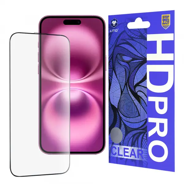 Folie de protectie Ecran Lito HD Pro Clear pentru Apple iPhone 16 Plus, Sticla Securizata, Full Glue, Neagra