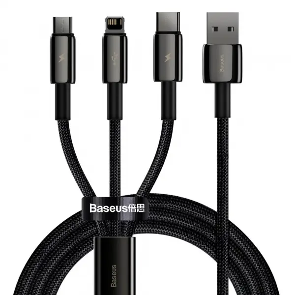 Cablu Incarcare USB-A - Lightning / microUSB / USB-C Baseus Tungsten Gold 3in1, 18W, 1.5m, Negru CAMLTWJ-01