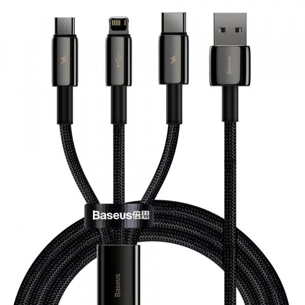 Cablu Incarcare USB-A - Lightning / microUSB / USB-C Baseus Tungsten Gold 3in1, 18W, 1.5m, Negru CAMLTWJ-01