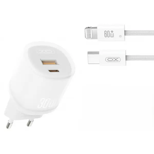 Incarcator Retea Cu Cablu Lightning XO Design L151, 30W, 3A, 1 x USB-A - 1 x USB-C, Alb