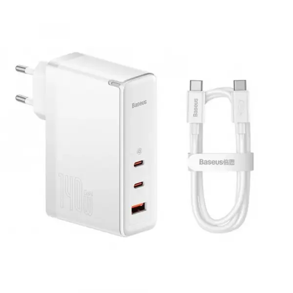 Incarcator Retea Cu Cablu USB-C Baseus GaN5 Pro, 140W, 5A, 1 x USB-A - 2 x USB-C, Alb CCGP100202