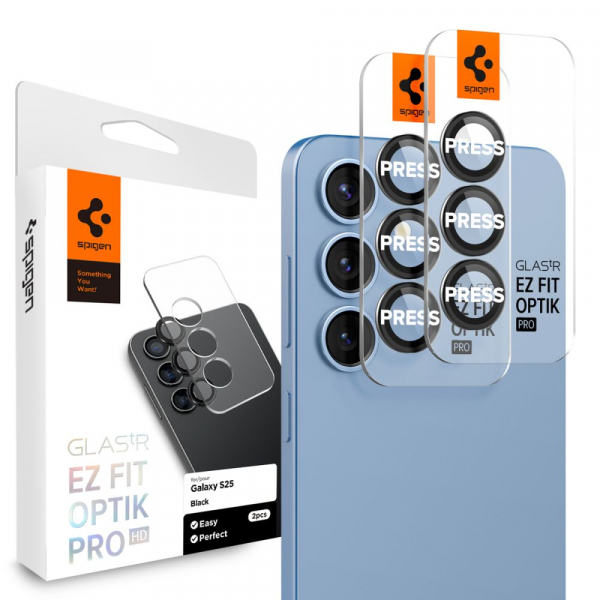 Folie de protectie Camera Spate Spigen GlastR EZ FIT Optik Pro HD pentru Samsung Galaxy S25 S931, Sticla Securizata, Set 2 bucati, Neagra AGL09092