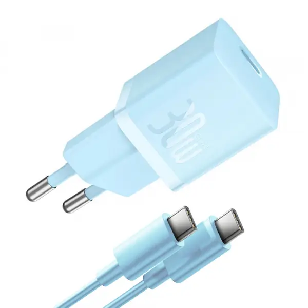 Incarcator Retea Cu Cablu USB-C Baseus GaN Mini 1C, 30W, 3A, 1 x USB-C, Albastru P10110902313-00