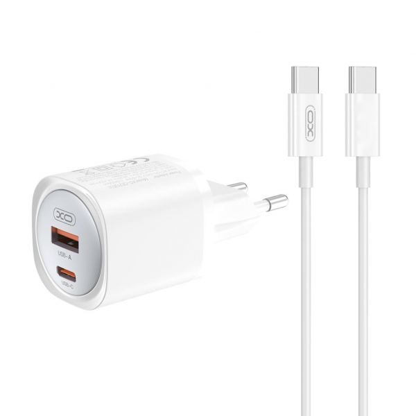 Incarcator Retea Cu Cablu USB-C XO Design CE21, 30W, 3A, 1 x USB-A - 1 x USB-C, Alb