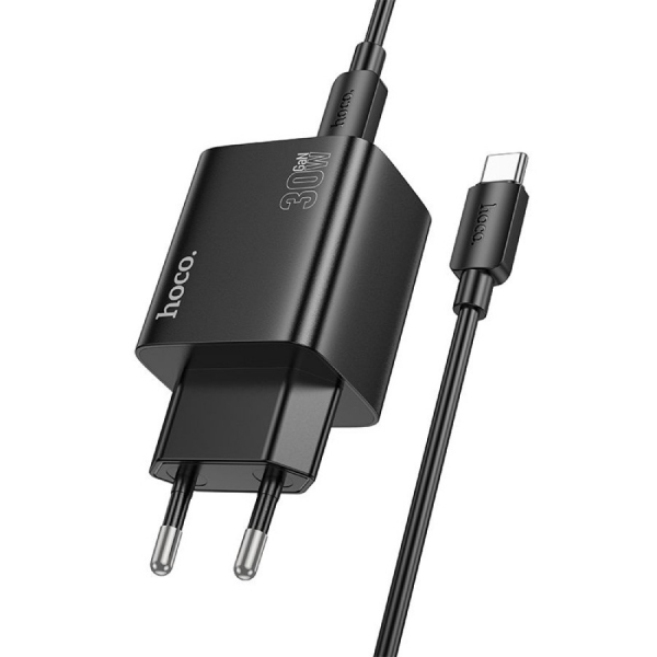 Incarcator Retea Cu Cablu USB-C HOCO N56, 30W, 3A, 2 x USB-A - 2 x USB-C, Negru
