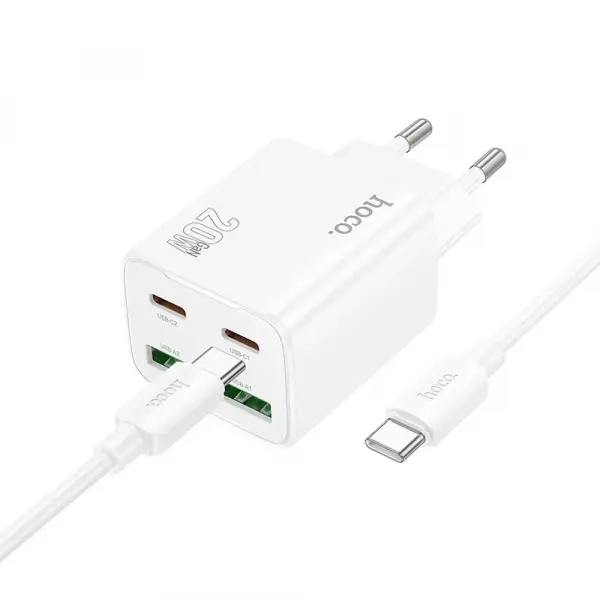 Incarcator Retea Cu Cablu USB-C HOCO N55, 20W, 3A, 2 x USB-A - 2 x USB-C, Alb