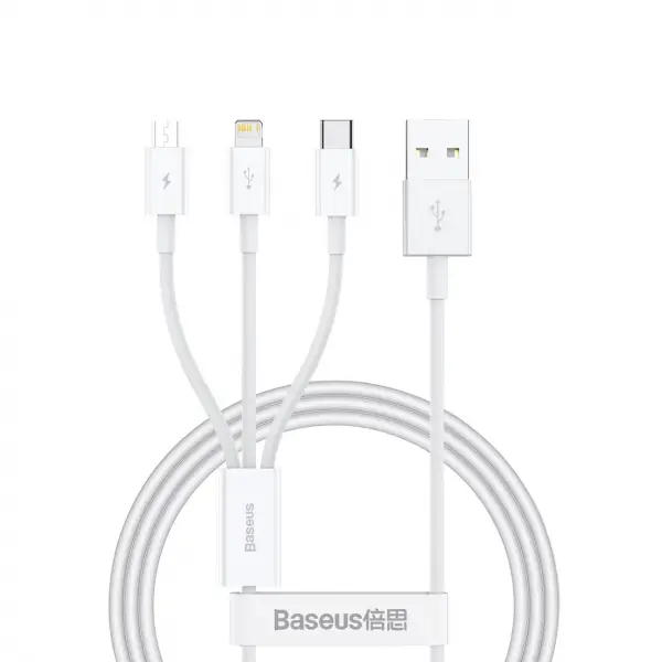 Cablu Incarcare USB-A - Lightning / microUSB / USB-C Baseus Superior 3in1 Series, 20W, 0.5m, Alb