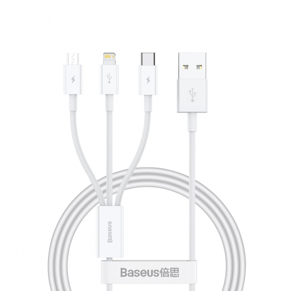 Cablu Incarcare USB-A - Lightning / microUSB / USB-C Baseus Superior 3in1 Series, 20W, 0.5m, Alb