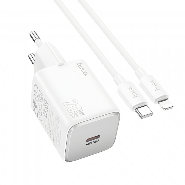 Incarcator Retea Cu Cablu Lightning HOCO N40, 20W, 3A, 1 x USB-C, Alb