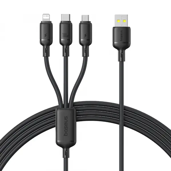 Cablu Incarcare USB-A - Lightning / microUSB / USB-C Baseus Silky 3in1, 100W, 1.5m, Negru P10377705123-00