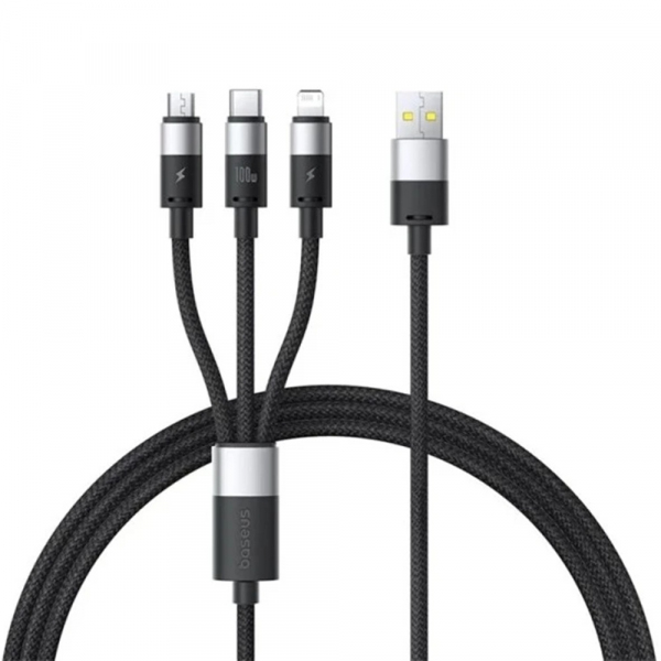 Cablu Incarcare USB-A - Lightning / microUSB / USB-C Baseus StarSpeed 3in1, 100W, 1.5m, Negru P10319900111-01
