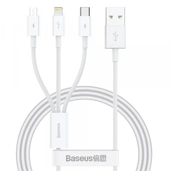 Cablu Incarcare USB-A - Lightning / microUSB / USB-C Baseus 3in1, 100W, 1.5m, Alb P10377705213-00